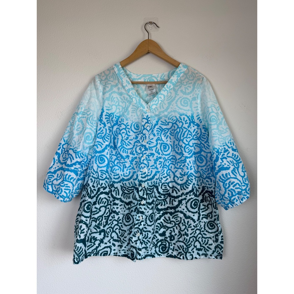 JMS Women 100% Cotton Tunic Blouse 1X 16W Blue Abstract Coastal Boho Resort Art